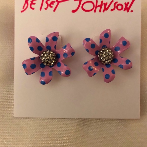 Betsey Johnson Enchanted Garden Pink Flower Stud Earrings Blue Polka Dots NWT - Picture 6 of 11